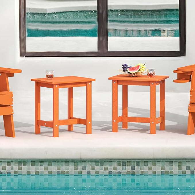 LUE BONA Outdoor Side Table Set of 2, HDPS Small Outdoor Table, Adirondack Side Table, Outside End Table for Patio, Porch, Deck, Pool, Weather Resistant/Easy Maintenance/Indoor or Outdoor Use, Orange