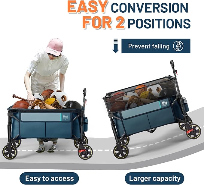 Timber Ridge 350L Extra Large Collapsible Folding Wagon Carts with Brake, Heavy Duty Outdoor Camping Utility Wagons with Extended Height, Adjustable Handle, Cup Holders, Side Bag(Blue)