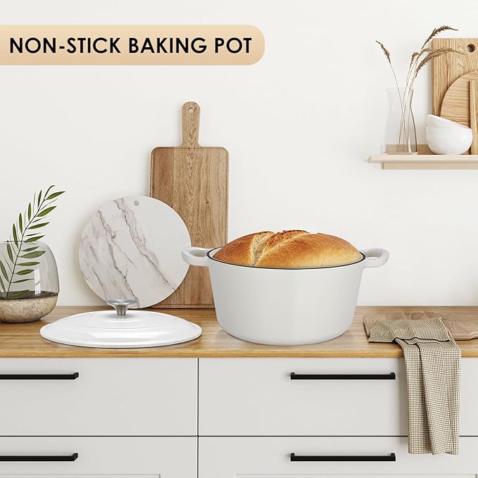 LIFERUN 6 Qt Enameled Cast Iron Dutch Oven Pot with Lid，Oven Safe up to 500° F, Non-Stick Dutch Oven with Dual Handles for Bread Baking, Fry Foods, Braising, Stews, Roasting (White)