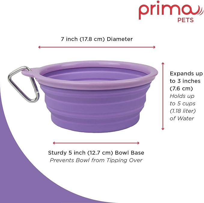 Prima Pet Collapsible Silicone Water Travel Bowl with Clip for Dog and Cat, Portable and Durable Pop-up Feeder for Convenient On-The-go Feeding – Size: Large (5 Cups) Purple
