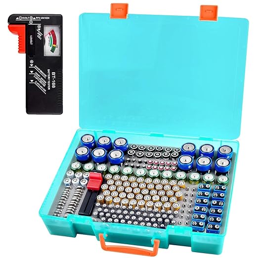 Battery Organizer Storage Holder- Batteries Case Containers Box with Tester Checker BT-168. Garage Organization Holds 225 Batteries AA AAA C D Cell 9V 3V Lithium LR44 CR2 CR1632 CR2032 (Green)