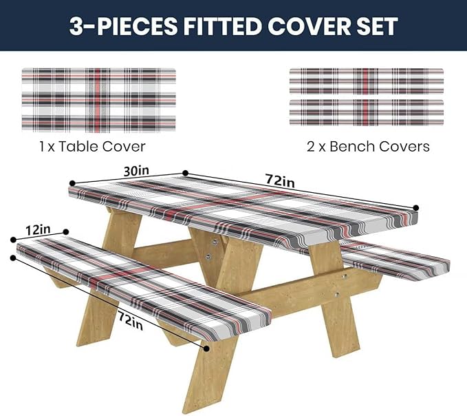 CAPSCEOLL Fitted Picnic Table Cover with Bench Covers with Elastic 6Ft Waterproof Camping Picnic Table Cover Cloths for Outdoors Camping Tablecloth with Drawstring Bag, 72X30in, Grey Red