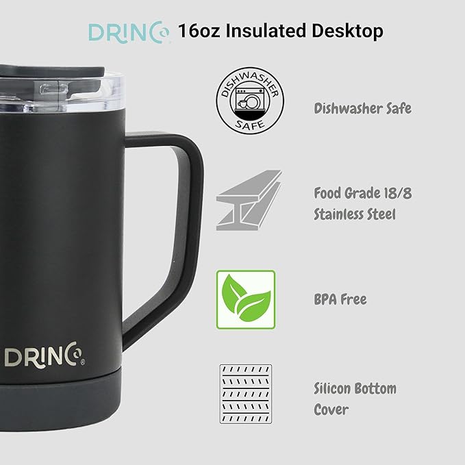 Drinco 16 oz Coffee Mug, Vacuum Insulated Camping Mug with Lid, Double Wall Stainless Steel Travel Mug Insulated Tumblers Coffee Mugs Coffee Cups Tea Cup (16oz Black)