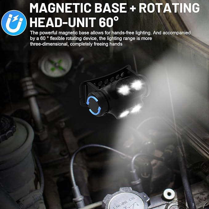 High Lumens Rechargeable Magnetic Headlamp for Camping, Hiking, Caving, Fishing, Motion Sensor Waterproof Impact-Resistant Bright Head Light with 4 Light Modes, Adjustable Headstrap (2 Pack)