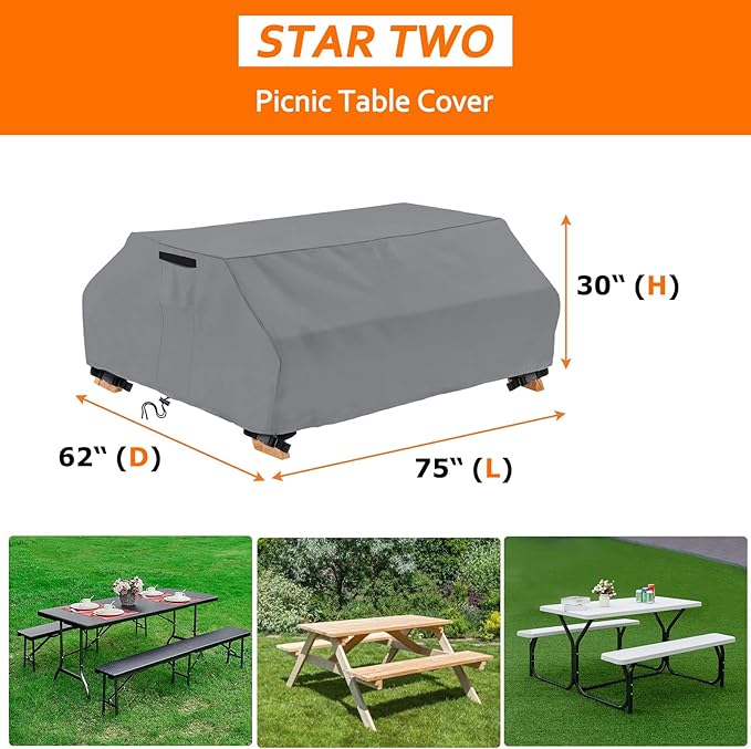 STARTWO Waterproof Picnic Table Cover Outdoor Patio Bench Covers for 6 ft Picnic Table Bench Set Windproof 70 / 72 Inch,Grey