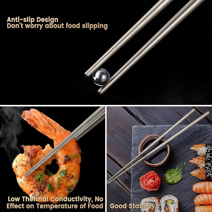Pure Titanium Chopsticks 1 Pair with Carry Case, 9' Lightweight Reusable Travel Utensils, Non-Slip, Dishwasher Safe, Eco-Friendly, Portable, Grey, 2023 Gift