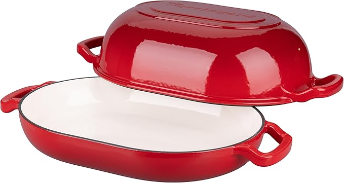 Enameled Cast Iron Sourdough Bread Oven, Dutch Oven, Loaf Cast Iron Bread Pan for Homemade Bread Baking, Meatloaf Pan with Lid, 7QT, Red