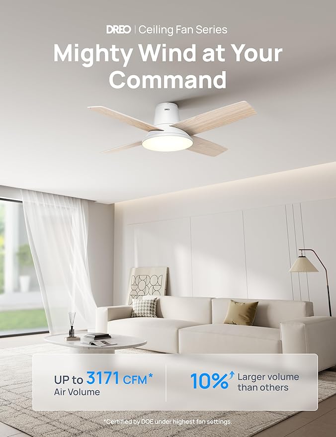 Dreo Ceiling Fans with Lights, 12 Speeds & 3 Fan Modes, Quiet DC Motor, Low Profile Easy to Install, Flush Mount Smart Ceiling Fan with Dimmable LED, 12H Timer for Bedroom, Remote, White, 44''