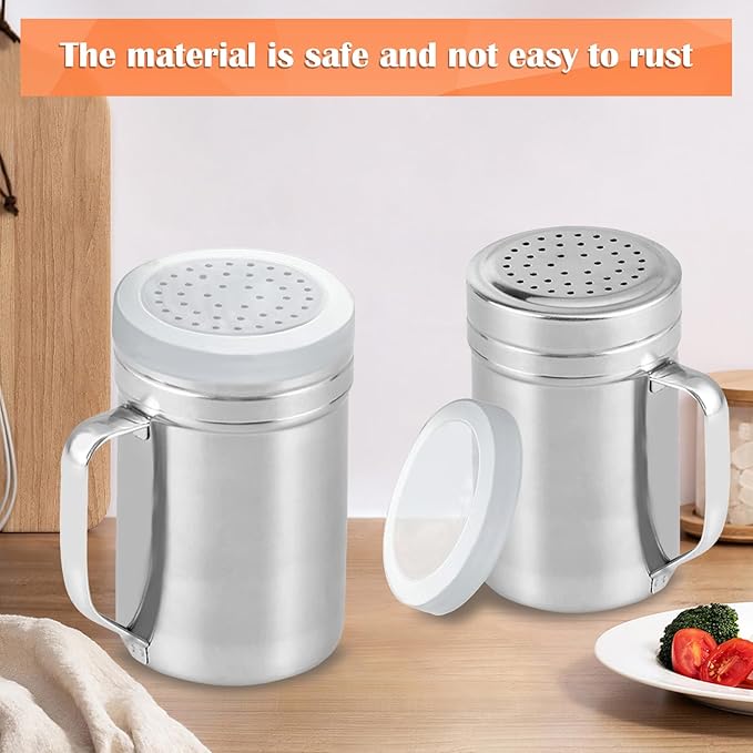 2Pcs Metal Salt Pepper Dredge Shakers, Stainless Steel Pepper Shaker Seasoning Jar With Handle, With Hole And Cover, Suitable For Pepper, Cinnamon And Coffee Spice Jars (Large-14OZ)