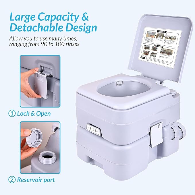 Portable Toilet Travel RV Potty,5.3 Gallon Large Waste Tank,Splash-Free Dumping, Anti-Leak Water Pump for Camping Hiking, Trips