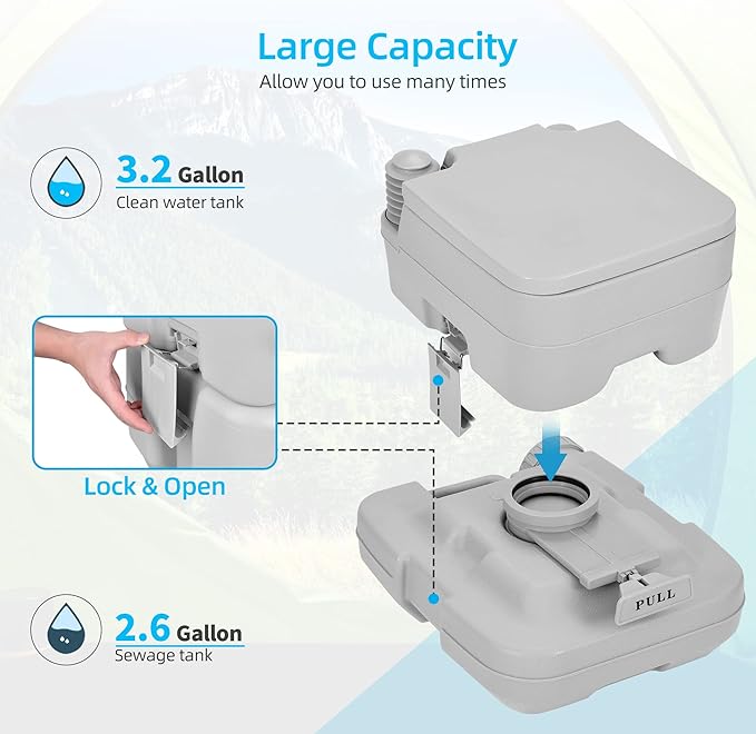 YITAHOME Portable Toilet 2.6 Gallon Camping RV Potty, Double Water Outlet, Press Flush Pump, for Travel, Boating, Hiking, Trips,Gray