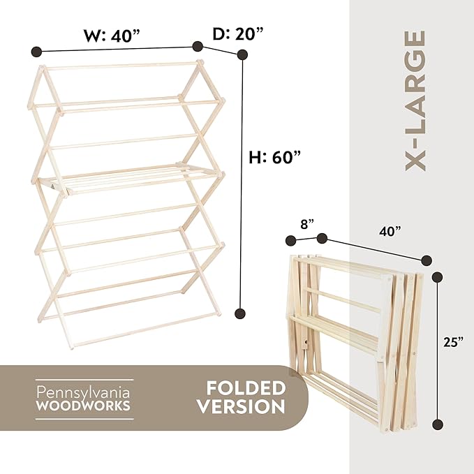 Pennsylvania Woodworks Clothes Drying Rack: Solid Maple Hardwood Laundry Rack for Bedding, Blankets, Towels & More, Heavy Duty, Folding Drying Rack Made in USA, No Assembly Needed, Extra Large