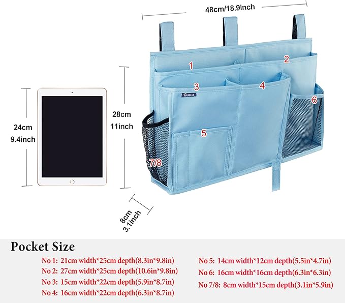 Surblue Bedside Caddy Hanging Bed Organizer Storage Bag Pocket for Bunk and Hospital Beds, College Dorm Rooms Baby Bed Rails, Camp 8 Pockets, (Large, Skyblue)