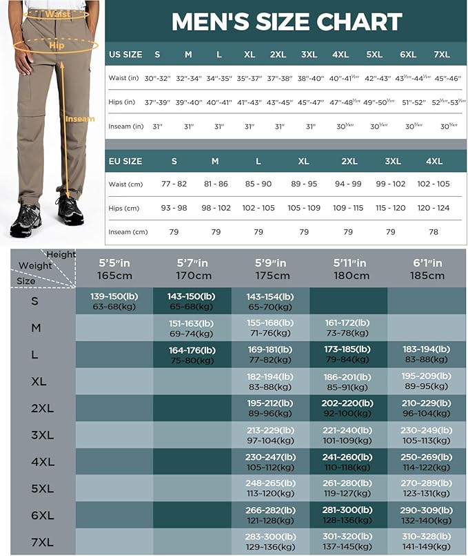 Wespornow Men's-Convertible-Hiking-Pants Quick Dry Lightweight Zip Off Breathable Cargo Pants for Outdoor, Fishing, Safari