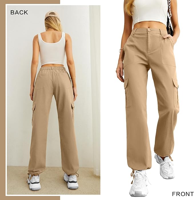 Lepunuo Women's High Waisted Cargo Pants Travel Y2K Streetwear Baggy Stretchy Pants with 6 Pockets Drawstring Ankle Cuffs