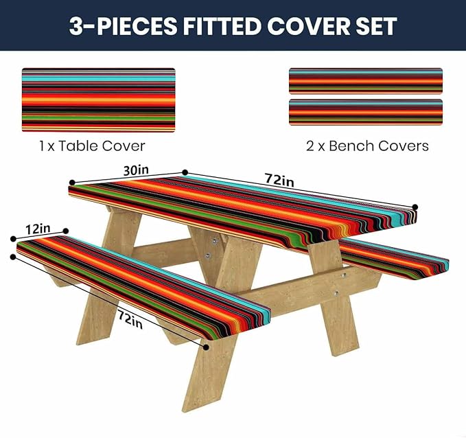 CAPSCEOLL Fitted Picnic Table Cover with Bench Covers with Elastic 6Ft Waterproof Camping Picnic Table Cover Cloths for Outdoors Camping Tablecloth with Drawstring Bag, 72X30in, Colorful Stripes