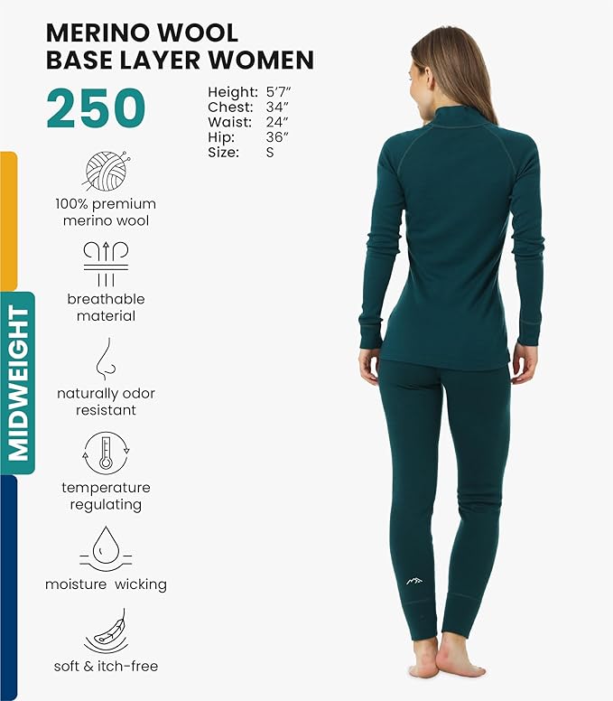 Merino.tech Merino Wool Base Layer Women Set - Heavyweight, Lite, Midweight Merino Thermal Underwear For Women Top, Bottom