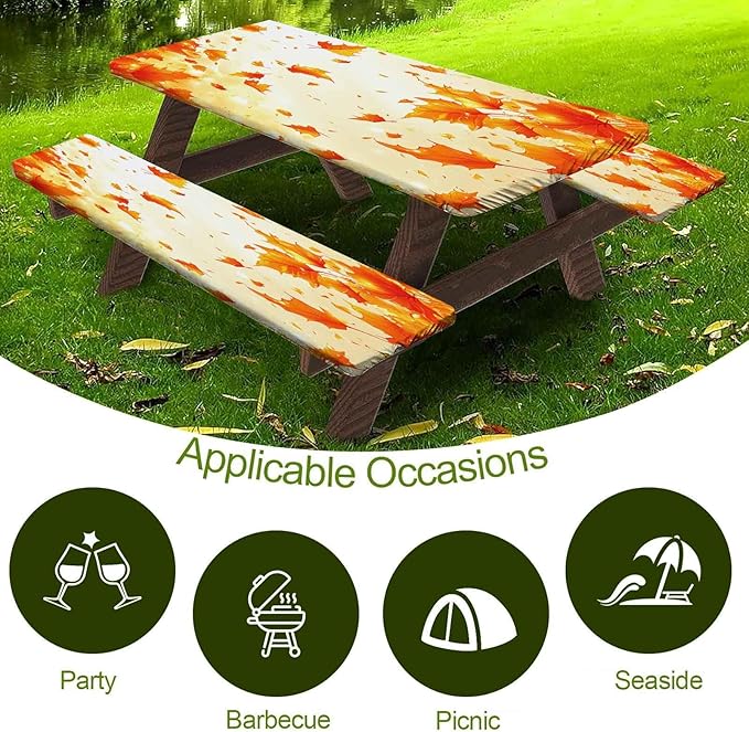 CAPSCEOLL Elastic Picnic Table Cover with Bench Covers 5Ft Waterproof Fitted Picnic Table Cover Cloths for Outdoors Camping Tablecloth with Drawstring Bag, 60X30in, Fall Maple