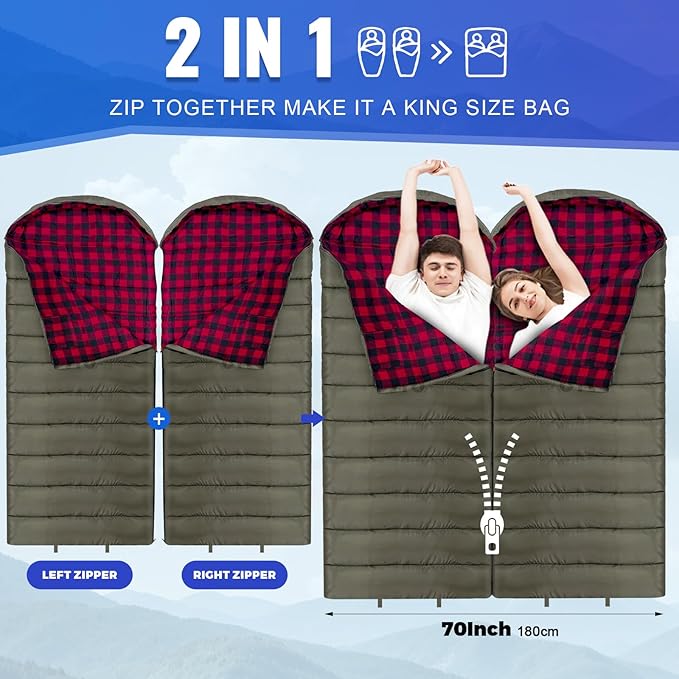 0 Degree Sleeping Bag Cotton Flannel Winter Cold Weather for Adults XXL Sleeping Bag 4 Season Big and Tall with Pillow Compression Sack