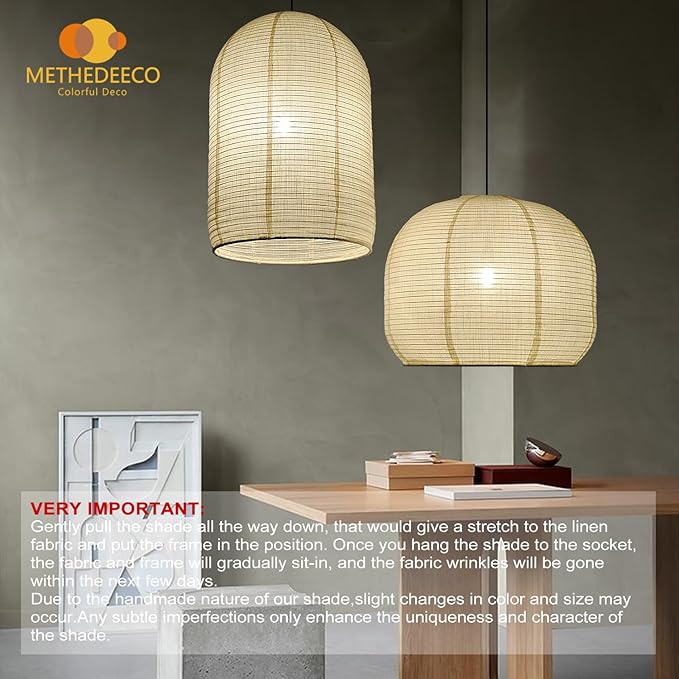 2PCS semicircular cylinder shape Hanging Fabric LampShade 18+13inch Handmade Linen Pendant Light,Minimalist Boho White Beige Lanterns for showcasem,hotel,Living Room, Bedroom deco