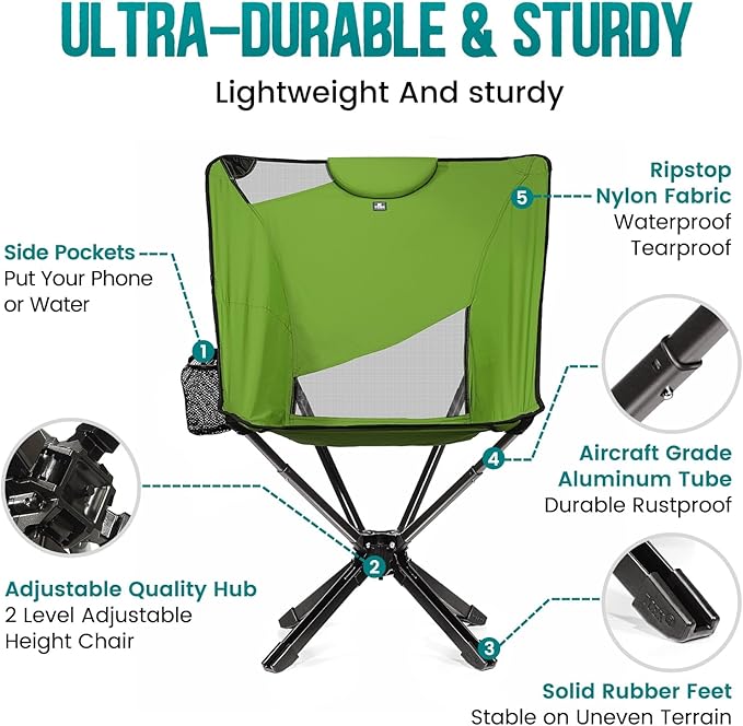 Portable High Back Camping Chair with Adjustable Height, Small Compact Outdoor Folding Chair for Adults Travel, Riselite Collapsible Lightweight Packable Camp Chairs, Easy Carry and Quick Setup