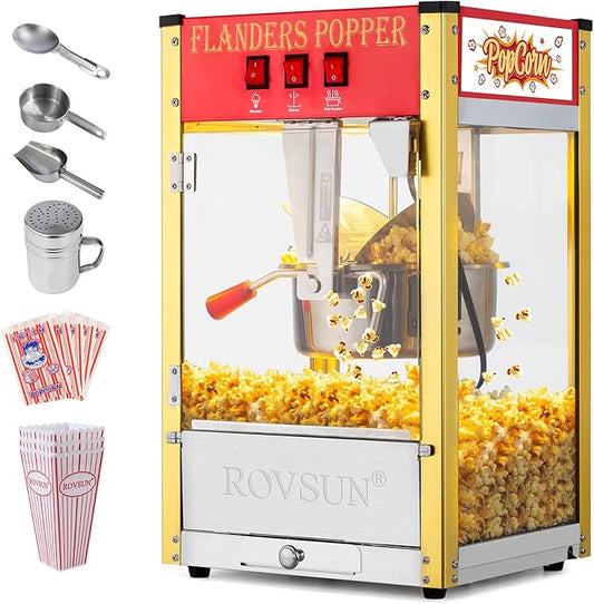 ROVSUN Popcorn Machine with 8 Ounce Kettle Makes Up to 32 Cups ETL Certified, Countertop Popcorn Maker Commercial Popcorn Machine Movie Theater Style w/Scoop, Oil Spoon & 3 Popcorn Cups