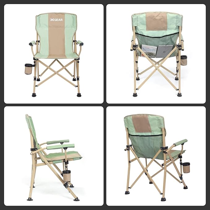 XGEAR Camping Chair Hard Arm High Back Lawn Chair Heavy Duty with Cup Holder, for Camp, Fishing, Hiking, Outdoor, Carry Bag Included