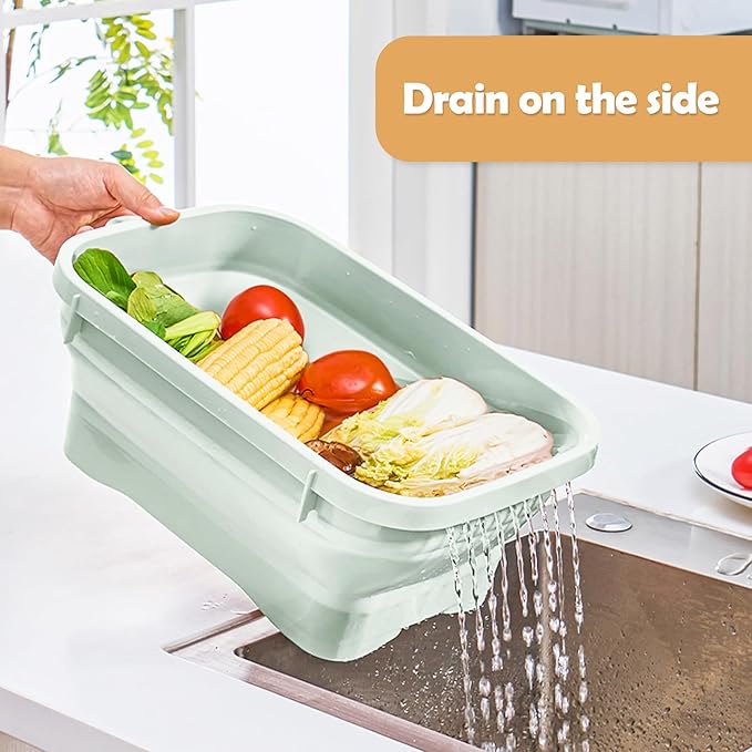 Collapsible Dish Pans, 2Gal (7.5L) Capacity, Plastic Dish Tub Dishpan for Kitchen Sink with Drainage Hole, Foldable Small Wash Basin for Kitchen, Camping, Travel (Green)