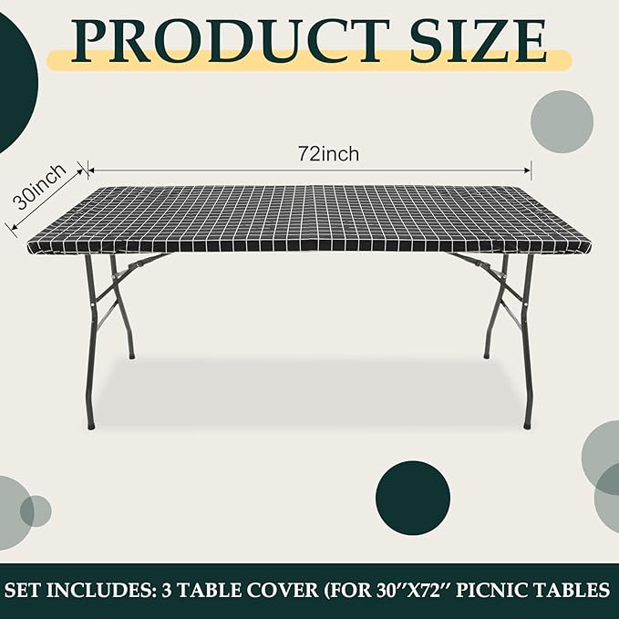 3 Pcs Plastic Picnic Table Cover Checkered Tablecloth Fitted Rectangular Table Cloth 30 x 72 Inch Vinyl Waterproof Flannel Backed with Elastic Rim for Indoor Outdoor Picnic Party(Black and White)