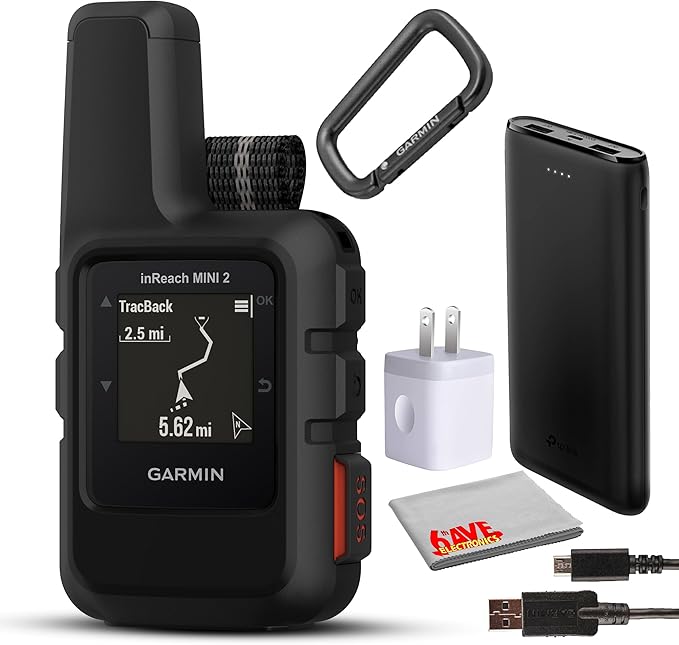 Garmin inReach Mini 2 Compact Satellite Communicator, Lightweight Rugged Design, Portable Handheld GPS for Hiking, Text Messaging Device Bundle with Accessories (Black)
