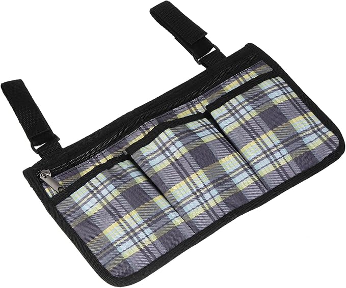 YOKIVE Armrest Organizer, Waterproof Chair Snack Storage Bag with Straps, Great for Camping Beach Daily Use, (Blue Grid, 4 Pockets)