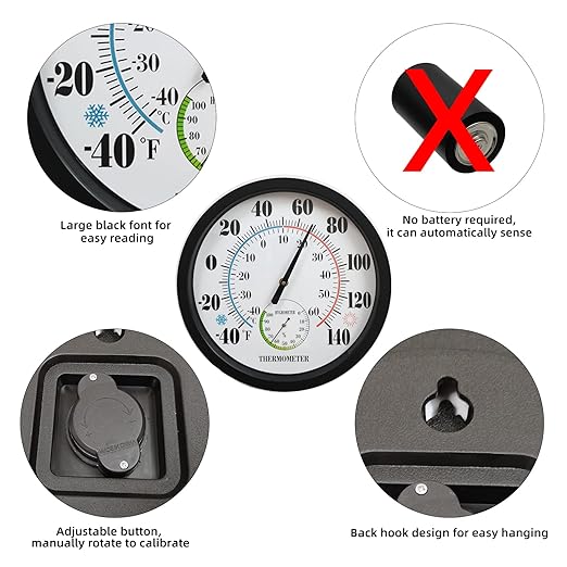 Indoor Outdoor Thermometer Large Numbers 12 Inch Wall Weather Thermometer Hanging Garden Decor Hygrometer No Battery Needed (Black)