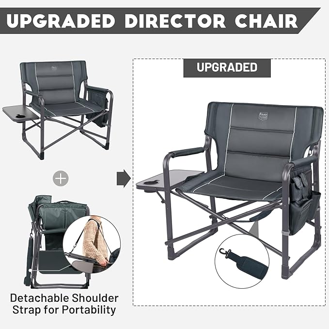 TIMBER RIDGE XXL Upgraded Oversized Directors Chairs with Foldable Side Table, Detachable Side Pocket, Heavy Duty Folding Camping Chair up to 600 Lbs Weight Capacity (Gray) Ideal Gift
