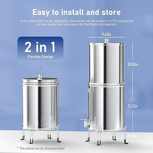 3 Gallons Gravity-Fed Water Filter System, Stainless-Steel Countertop System with 2 Black Carbon Filters and Metal Water Spigot, Reduces 99% Chlorine and Fluoride, for Home, RVing, Out, by DESENRUIS