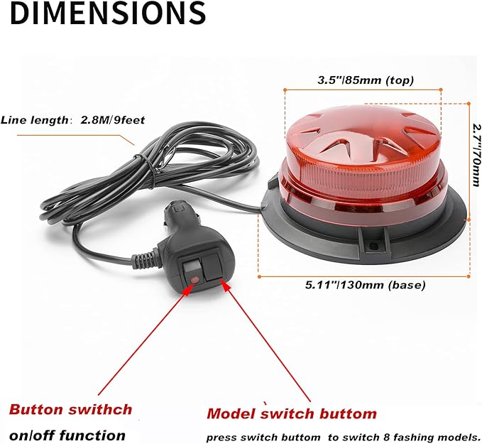 Red Led Emergency Strobe Beacon Lights with Magnetic Mount and 8 Flash Models Warning Safety Flashing Rooftop Signal Lamp for Firefighters Police Construction Vehicle Tractor Truck (24-LED 12V-24V)