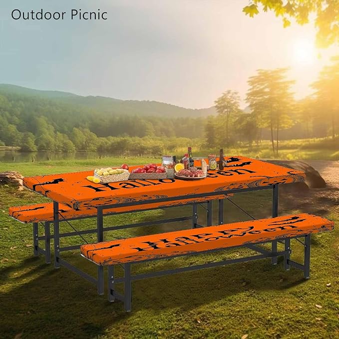 CAPSCEOLL Elastic Picnic Table Cover with Bench Covers 5Ft Waterproof Fitted Picnic Table Cover Cloths for Outdoors Camping Tablecloth with Drawstring Bag, 60X30in, Happy Halloween