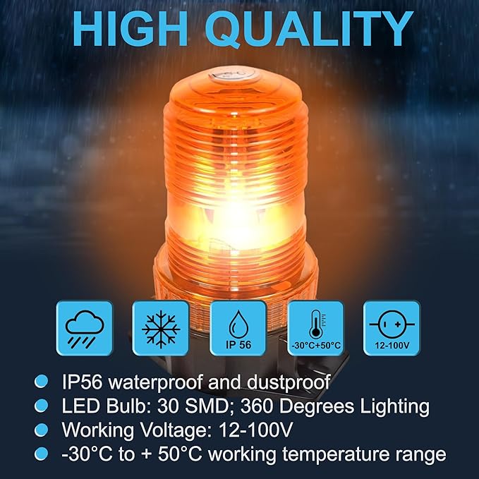 HQRP 360 Degrees 12-100V 30-LED Strobe Light Amber Mini Beacon for Safety Work & Maximum Visibility Truck, Heavy Vehicle, Forklift, Tractor, Golf Cart, Postal Car, Snow Plow etc.