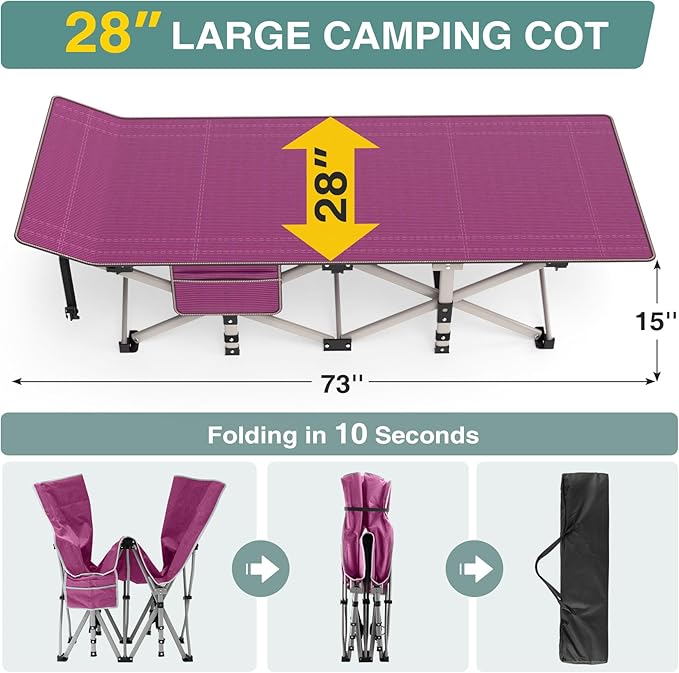 ZENPETIO 28In Folding Camping Cot for Adult, Portable Sleeping Cots with Mattress, Heavy Duty Outdoor Bed with Carry Bag for Home, Office, Camp, Travel, Vacation(Max Loading 500lbs)