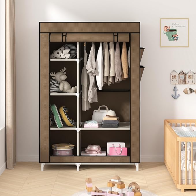 Calmootey Portable Closet Organizers, Clothing Storage, Wardrobe with 6 Shelves and Hanging Rod, Non-Woven Fabric Cover with 4 Side Pockets, Brown