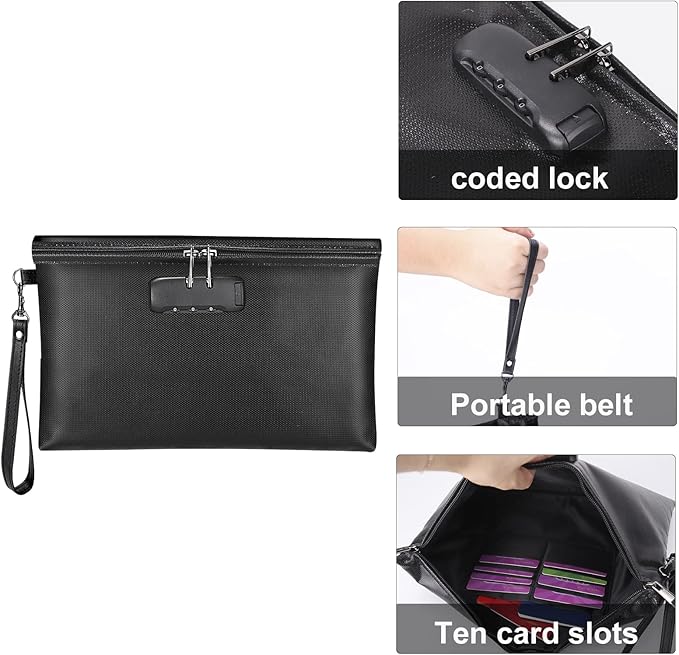 Fireproof Money Bag with Lock, ZOOPIP 11.2"x7.6" Fireproof Cash Bag with Zipper Closure, Storage Pouch for A5 Size Document, Cheque, Cash, Cell Phone, Tablet, Credit Card, Passport, Jewelry (Black)
