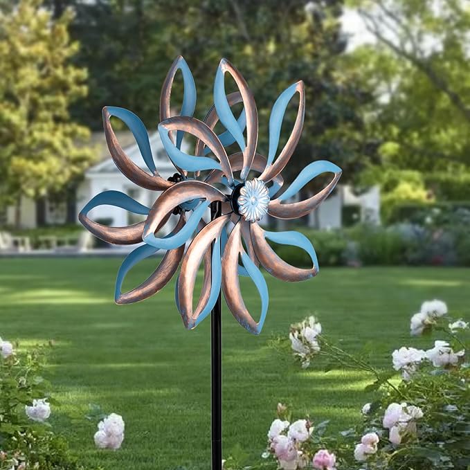 Metal Wind Spinners Outdoor,Vintage Kinetic Wind Spinner Garden Pinwheels with Metal Stake for Patio,Lawn,Garden,Creative Gifts for Women, 57.5 * 13.5 Inch (Blue)