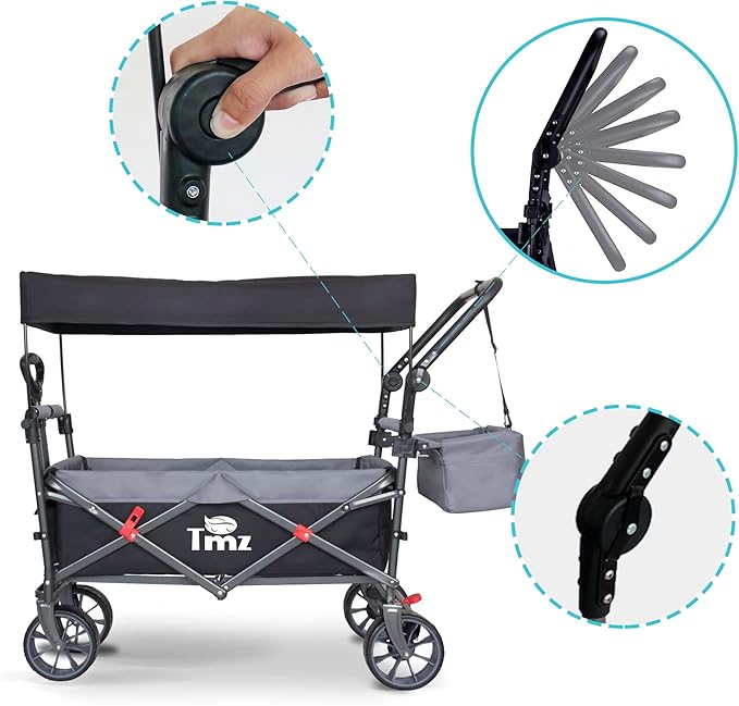 TMZ Collapsible Folding Outdoor Utility Wagon with Removable Canopy - 265lbs Heavy Duty Trolley with Rubber Wheels, Adjustable Handles, Rear Basket, for Shopping, Picnic, Camping (Black/Grey)
