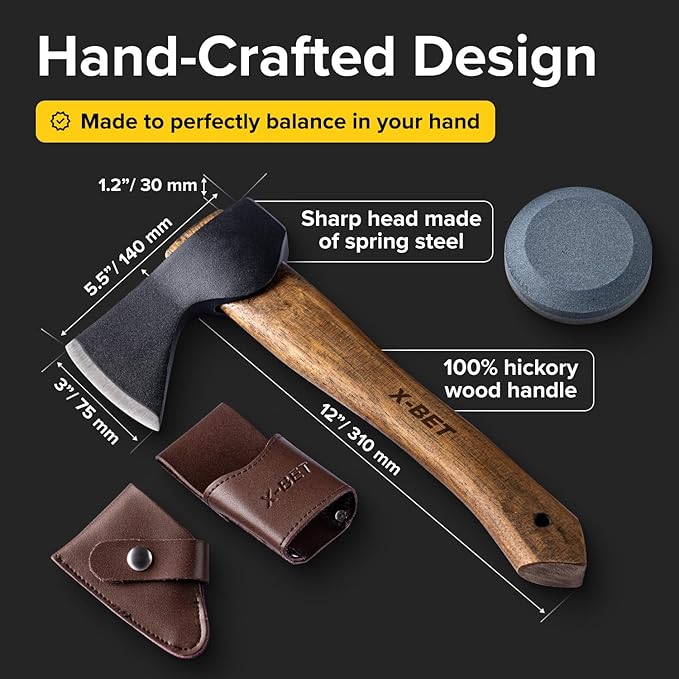 X-bet MAGNET 12" Hand-Forged Hatchet with Sheath and Sharpener - Camping Axe, Bushcraft and Survival Hatchet Spring Steel Blade - Small Axe Perfect for Wood Carving, Cutting, Splitting and Gardening