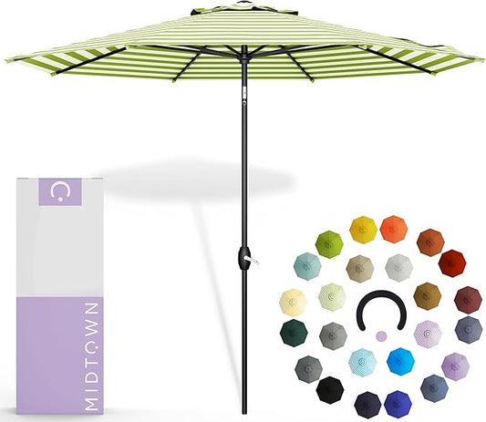 Midtown Umbrellas The Lean 9 Feet Outdoor Umbrella With Terylast Pear Stripes (Green/White Stripes) Polyester Fabric - Auto-Tilt Aluminum Frame Patio Umbrella For Deck, Garden, Pool - Black Pole