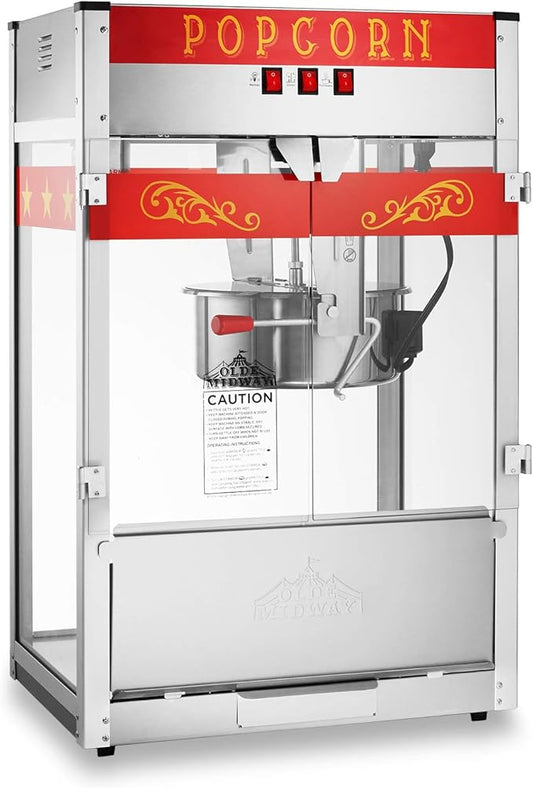 Olde Midway Commercial Popcorn Machine Maker Popper with Extra Large 16-Ounce Kettle - Red