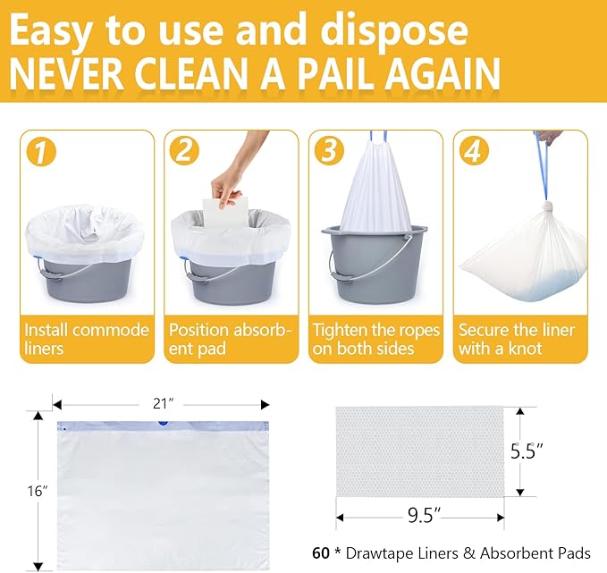 Senvok Commode Liners with Highly Absorbent Pads - 60 Pack | Lemon Scented | Leak-Proof Medical Grade Disposable Liners for Bedside Commode & Adult Toilet Care