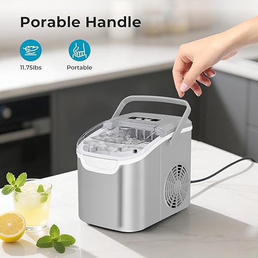 Countertop Ice Maker – 8 Bullet Ice in 6 Mins, 26.5lbs/24Hrs – Self-Cleaning Portable Machine with Adjustable Ice Size & Digital Touch Control Home/Office/Bar