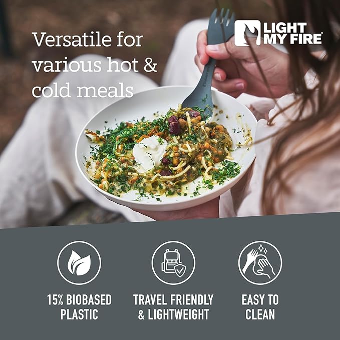 Light My Fire Spork Original 4-Pack 3-in-1 Camping Spoon Fork Knife Combo Reusable Travel & Camping Utensils Lunch Spork Outdoor Backpacking Hiking Picnic Utensil BPA Free, SageGreen