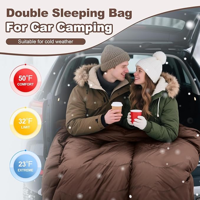 0 Degree Flannel Double Sleeping Bag for Adults, Couples or Family - Winter Queen Size Waterproof & Warm 2-Person Sleeping Bag for Cold Weather Camping, RV Travel