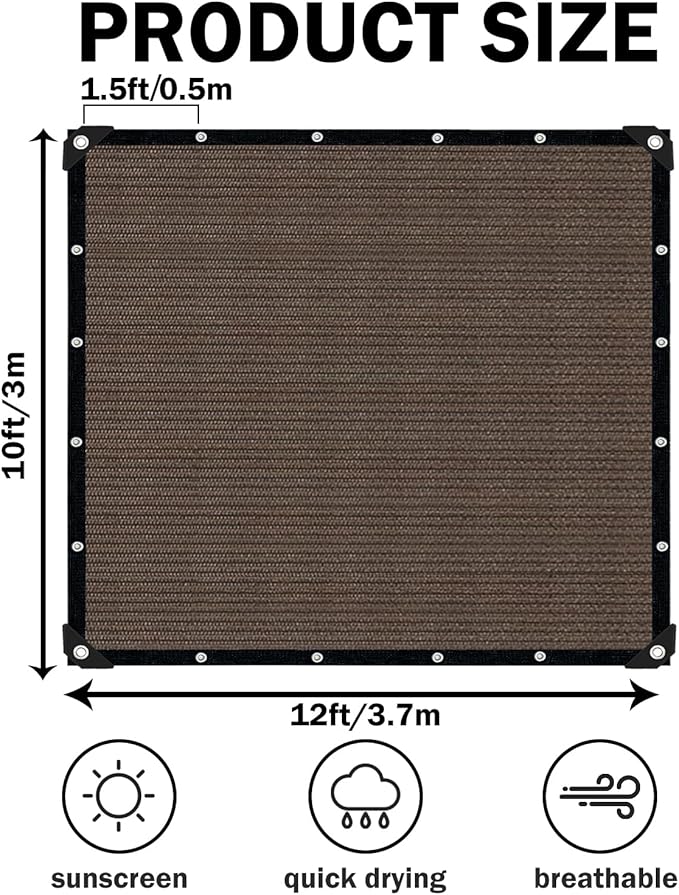 Mocha Sun Shade Cloth,Pergola Shade Cover with Reinforced Grommets,90% Shade Fabric Fence Privacy Screen Balcony,Pergola Shade Cover Canopy Patio Garden Backyard Carport Porch Deck,10x12FT